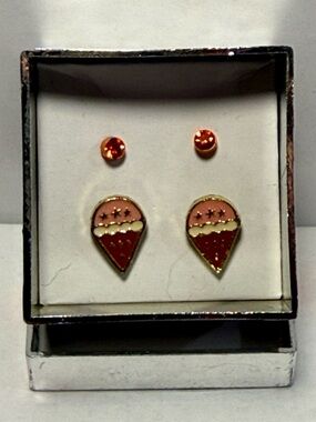 Vintage Ice Cream Cone Enamel Earrings + Red Crystal Studs Gift Set NOS